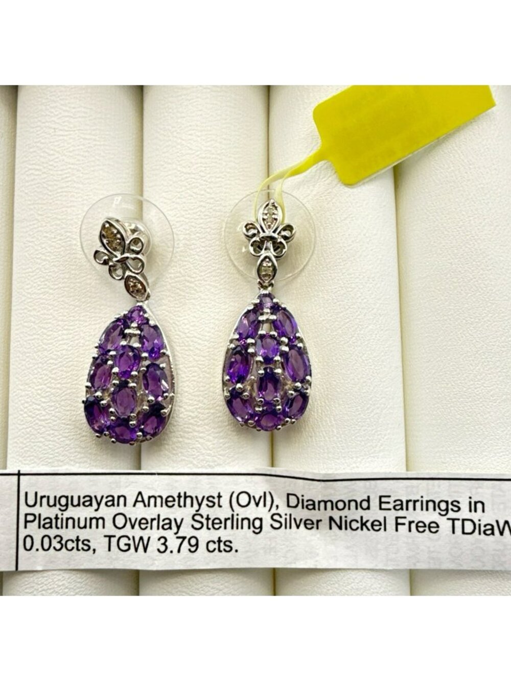 JTV Amethyst Diamond Earrings Sterling Silver Drop Dangle Fleur de Lis Purple